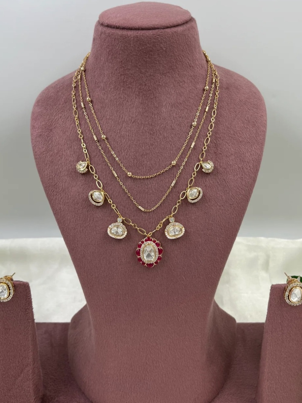 Layered Necklace & Earrings Set with Red Accent